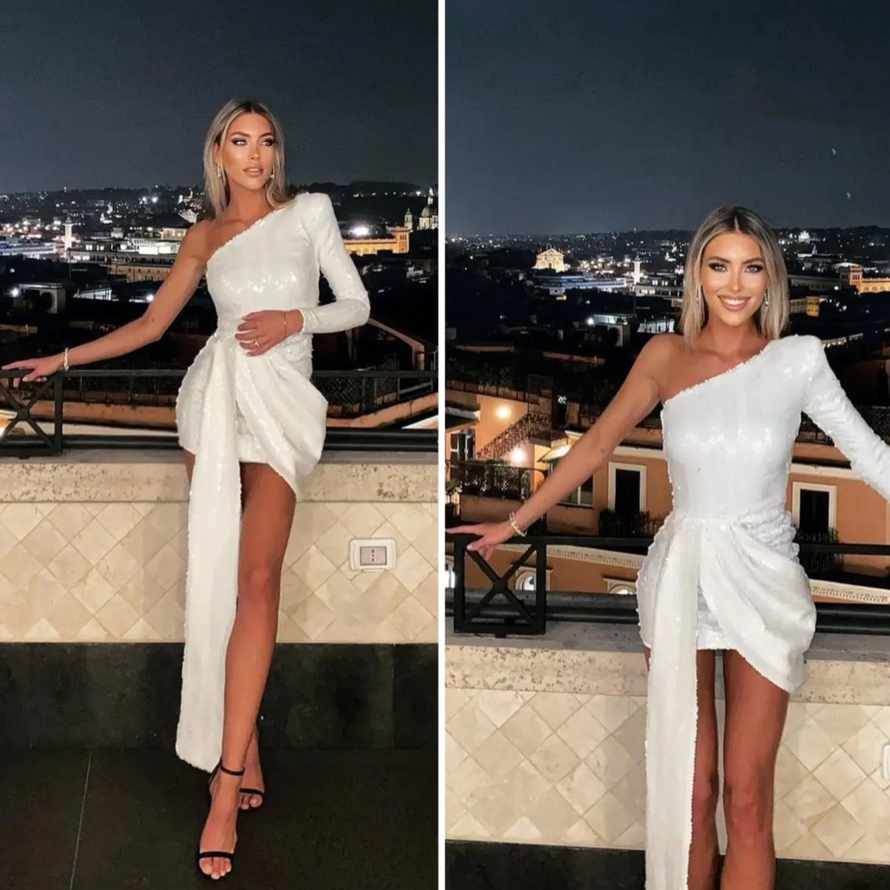 💫 Nadine Merabi Celina White Sequin One-Shoulder Dress – Size S